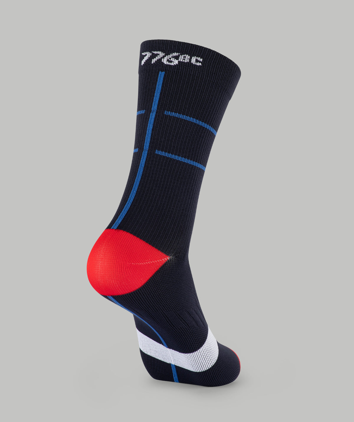 Black sock with red toe and blue accents on a gray background